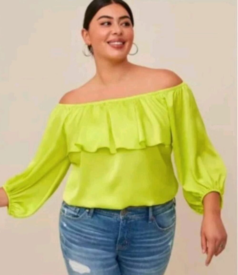 Torrid Lime Green Off Shoulder Blouson Sleeve Crop Top